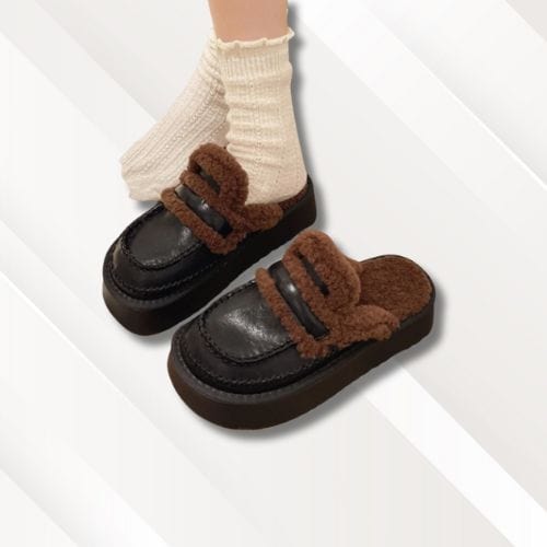 Chaussons femme cuir | Semelle compensée noirs