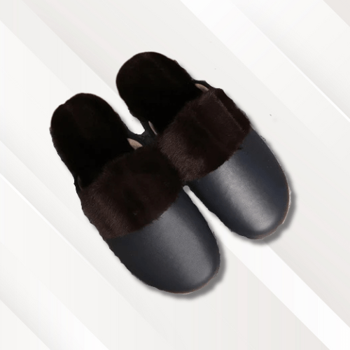 Chausson cuir fourrés Bleu marine / 32-33