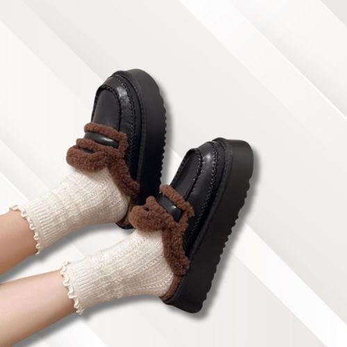 Chaussons femme cuir | Semelle compensée noirs